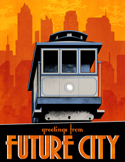 “Greetings from Future City” promo postcard art for the Copernicus Jones Kickstarter